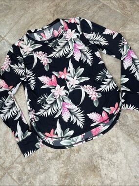 Tommy Bahama Black Long-Sleeve Tropical Floral Swim Shirt with Pink Accents